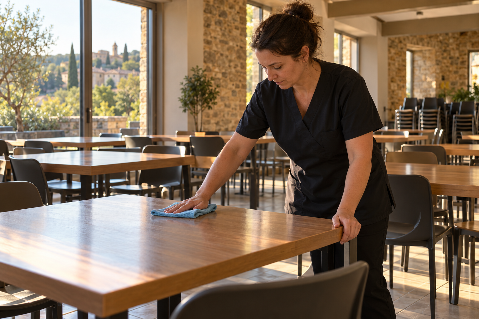 Agent de nettoyage professionnel à Goudargues : essuyage de tables d’un espace de pause