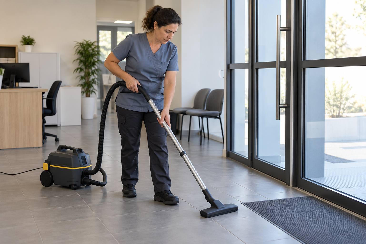 Agent de nettoyage professionnel à La Grand-Combe : aspiration du carrelage d’une entrée professionnelle