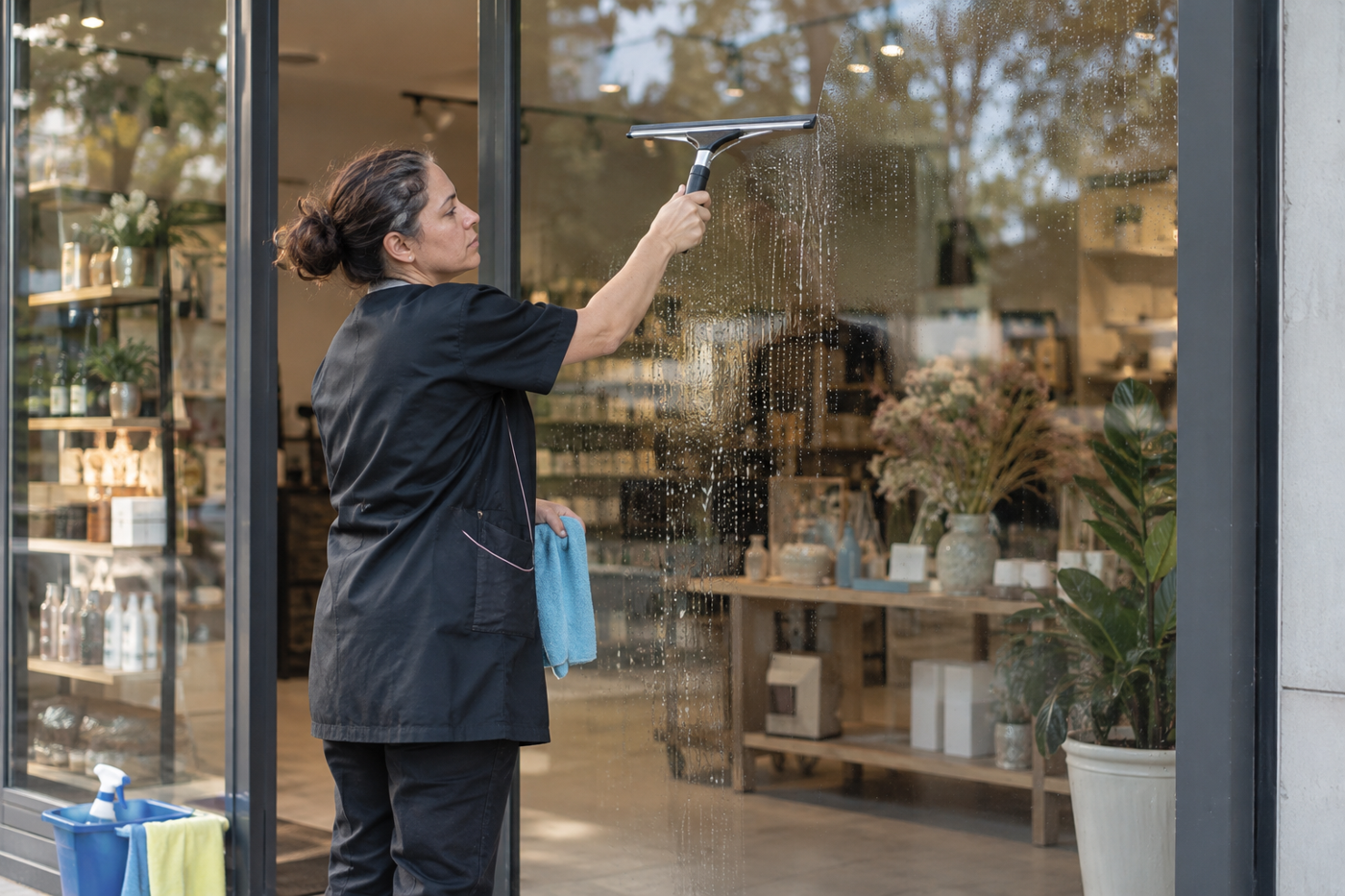 Agent de nettoyage professionnel à La Rouvière : lavage d’une vitrine de commerce