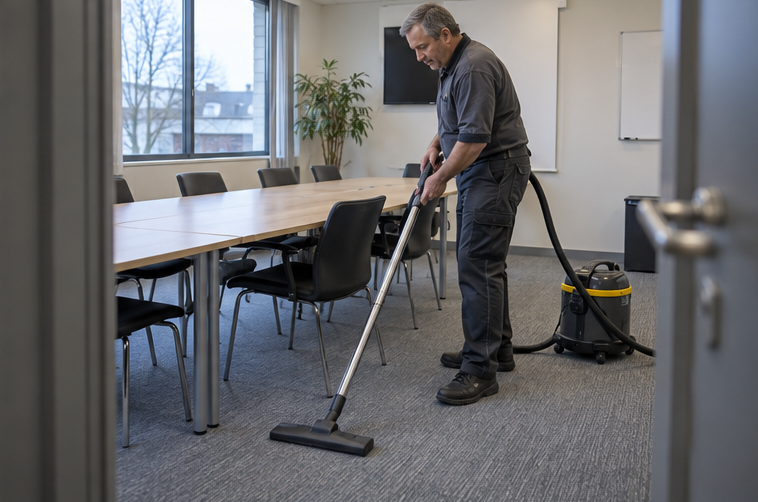 Agent de nettoyage professionnel à Langlade : aspiration du tapis d’une salle de réunion