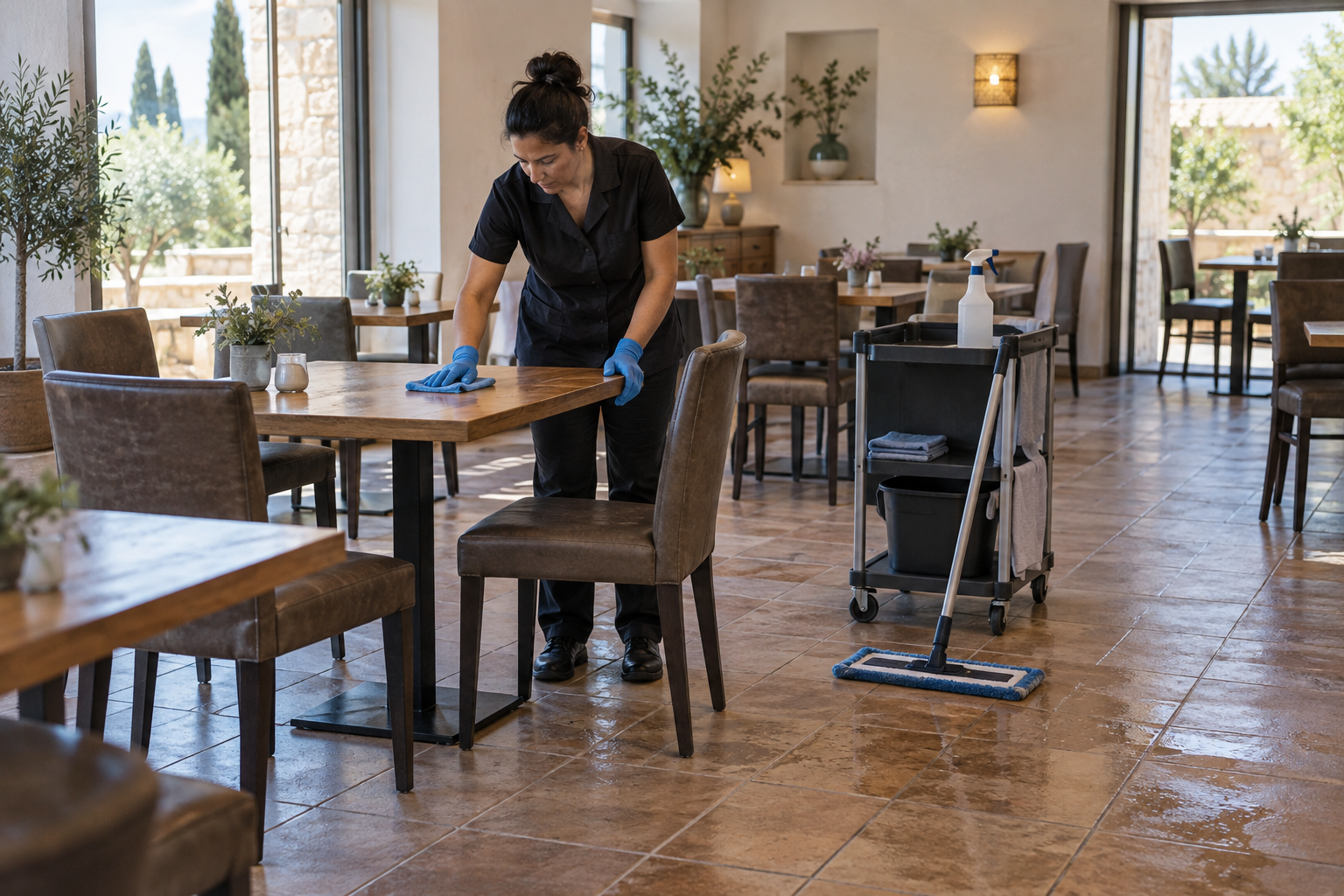 Agent de nettoyage professionnel au Cailar : remise au propre de la salle d’un restaurant entre services
