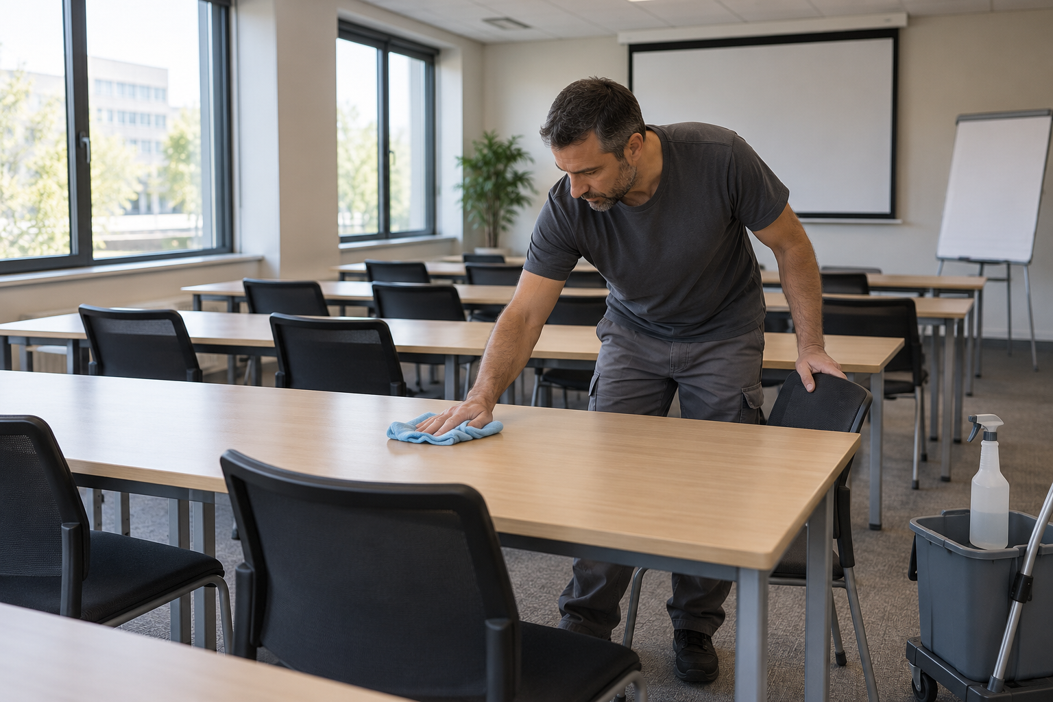Agent de nettoyage professionnel à Lédenon : essuyage des tables et chaises après une formation