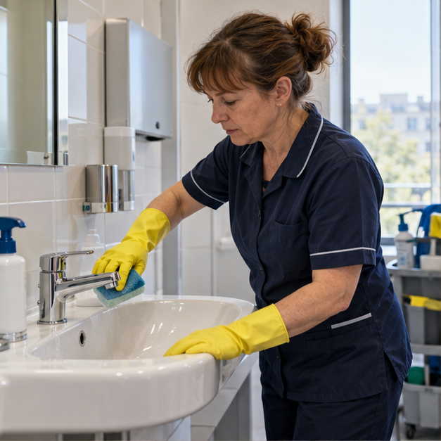 Agent nettoyant les sanitaires d’un local professionnel aux Angles