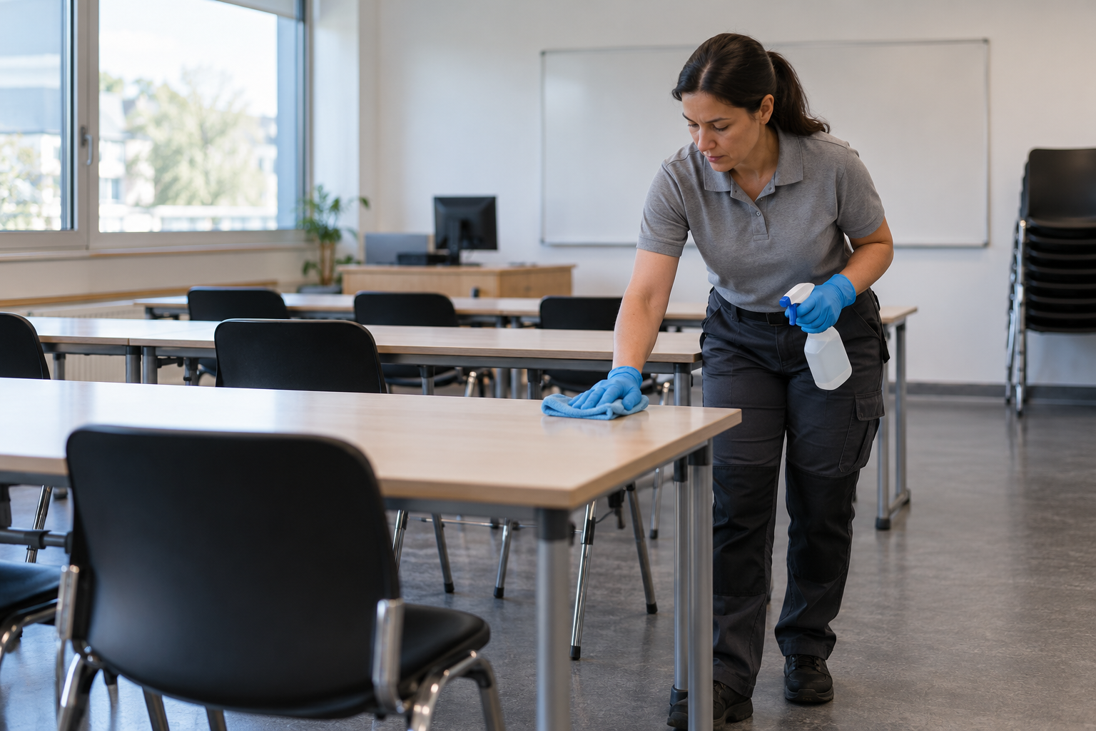 Agent nettoyant les tables d’une salle de formation aux Mages