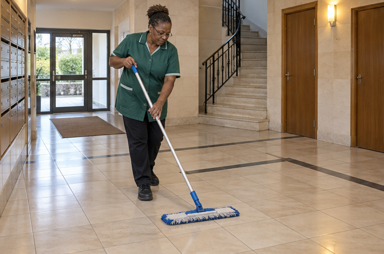 Agent de nettoyage professionnel à Marguerittes : lavage d’un hall de copropriété