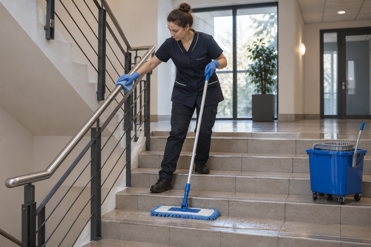 Agent de nettoyage professionnel à Meyrannes : lavage d’un escalier carrelé