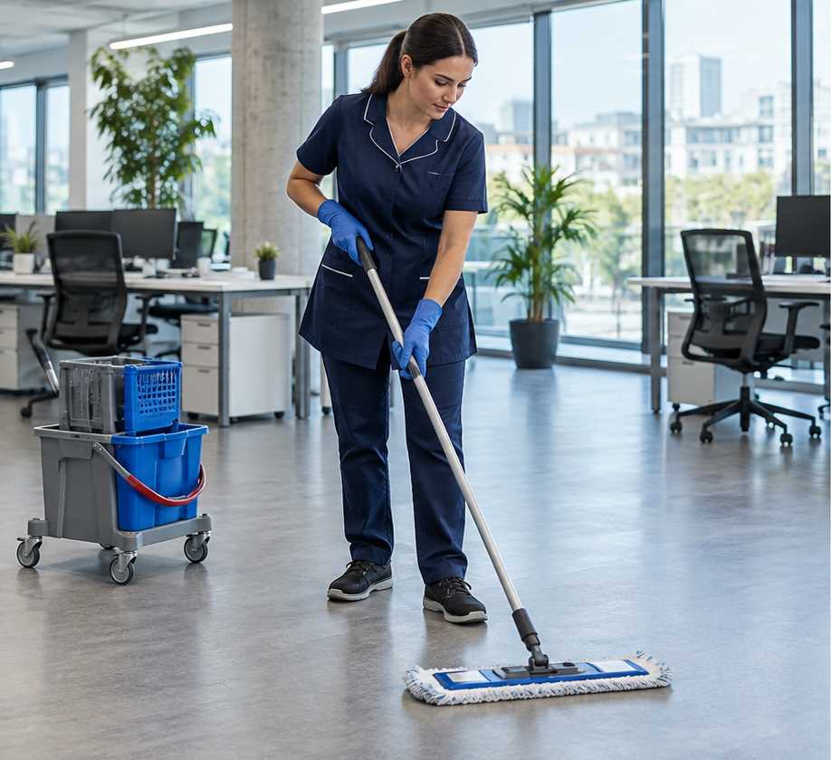 Agent de nettoyage professionnel à Milhaud : lavage d’un sol de bureau partagé