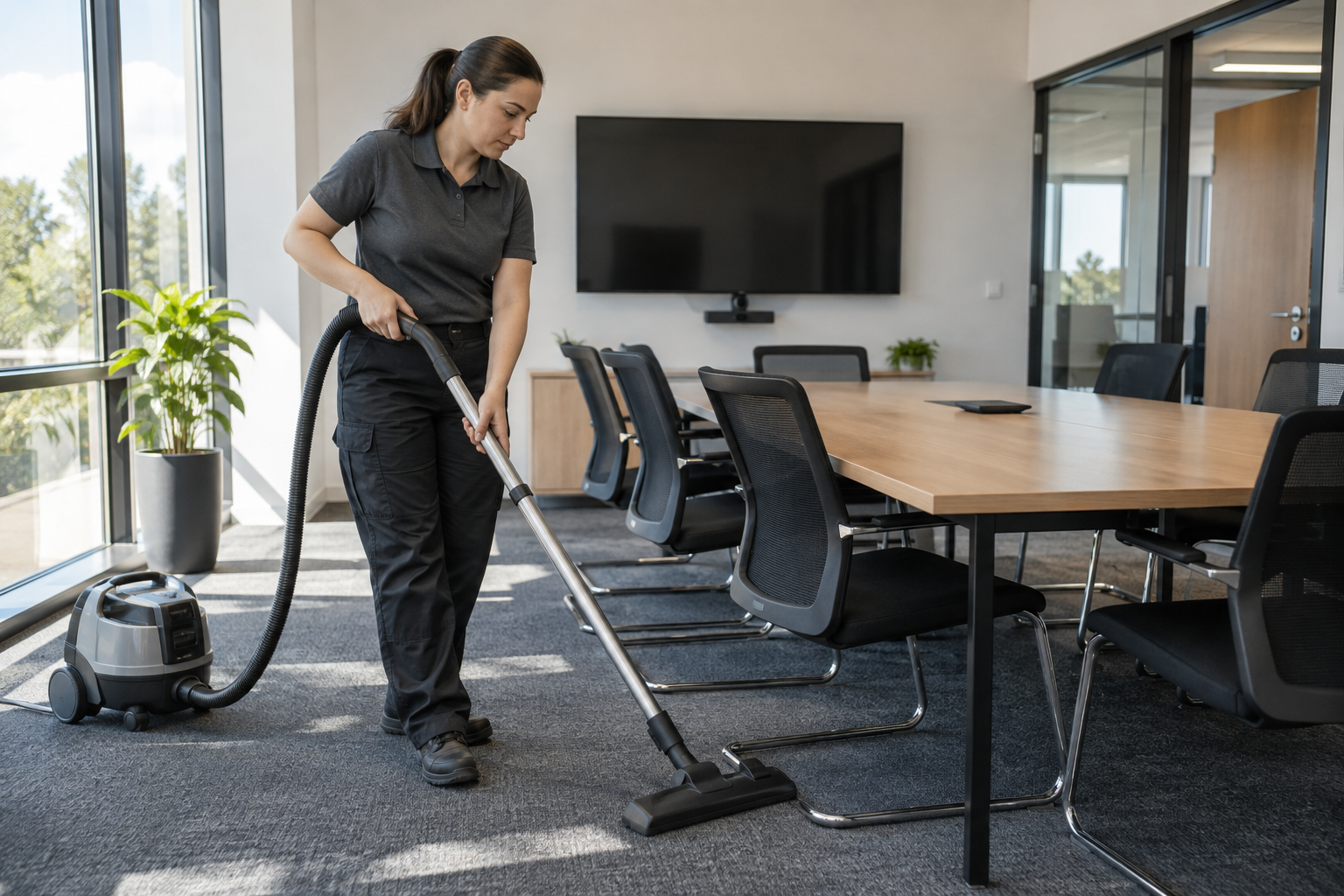 Agent de nettoyage professionnel à Montaren-et-Saint-Médiers : aspiration du tapis d’une salle de réunion