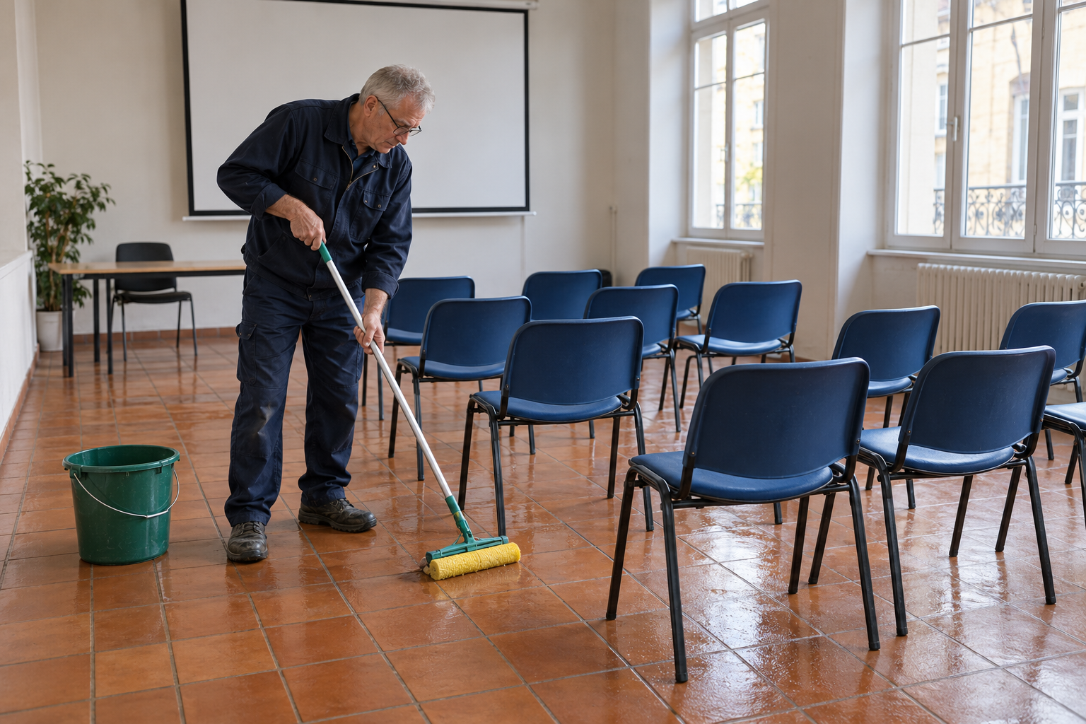 Agent de nettoyage professionnel à Montignargues : entretien du sol d’une salle de formation