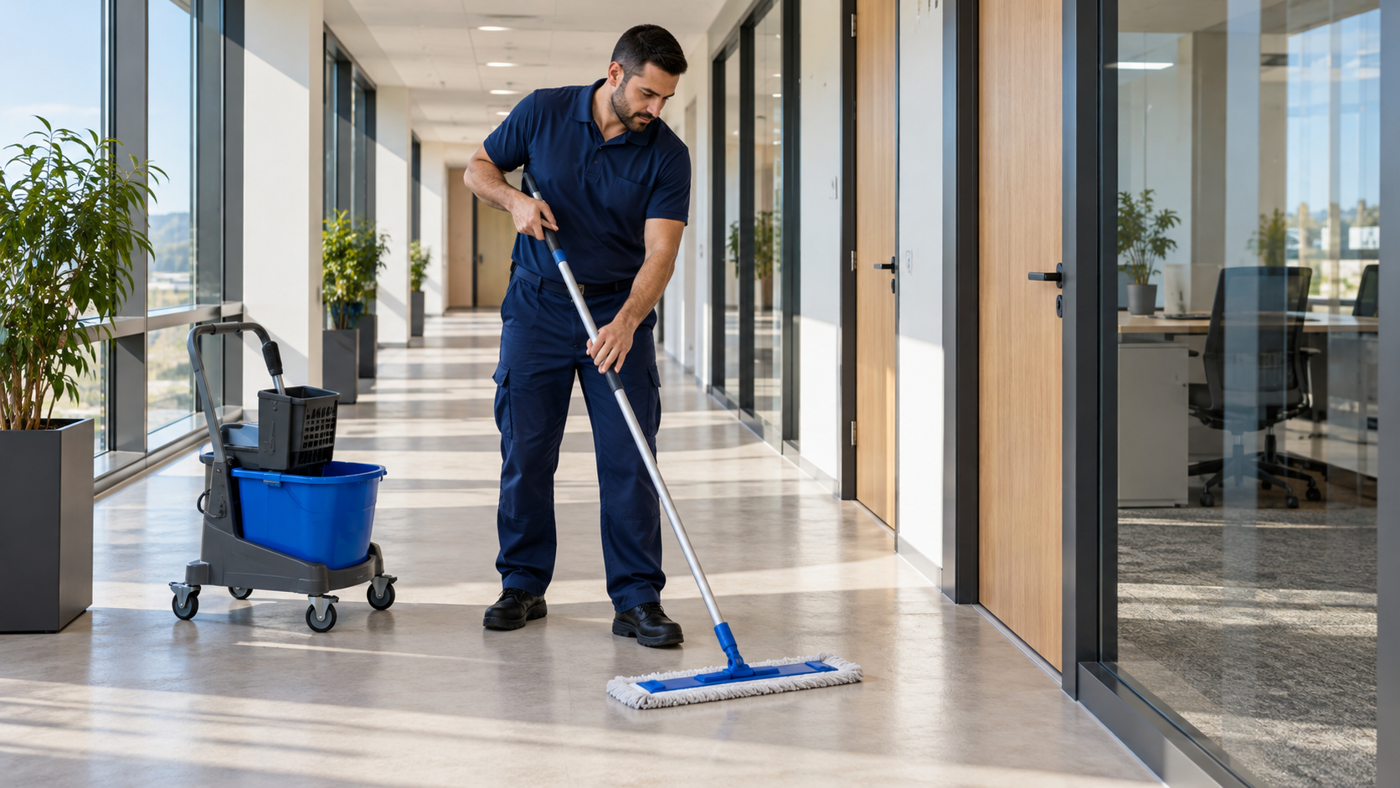 Agent de nettoyage professionnel à Rousson : lavage du sol d’un couloir de bureaux