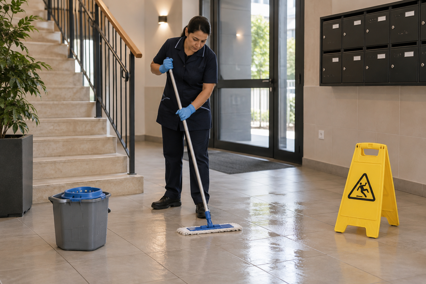 Agent de nettoyage professionnel à Saint-Bauzély : lavage du hall d’une copropriété