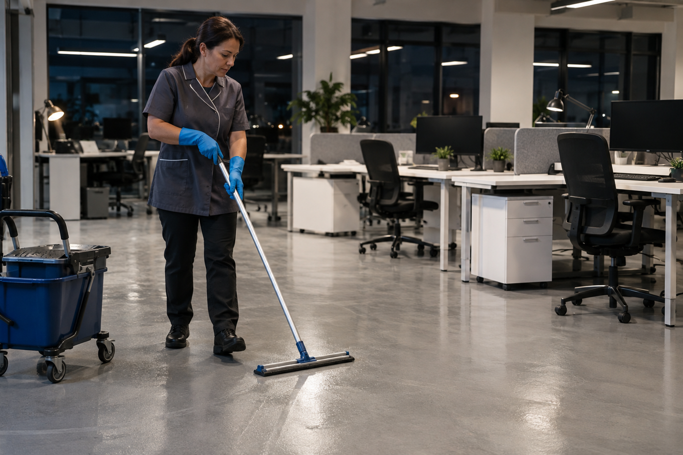 Agent de nettoyage professionnel à Saint-Bénézet : lavage du sol de bureaux partagés