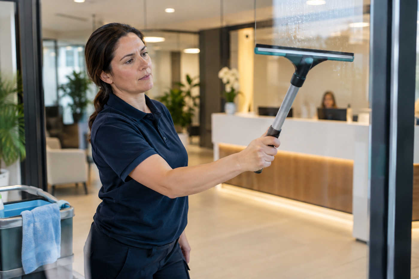 Agent de nettoyage professionnel à Saint-Dézéry : nettoyage d’une paroi vitrée intérieure