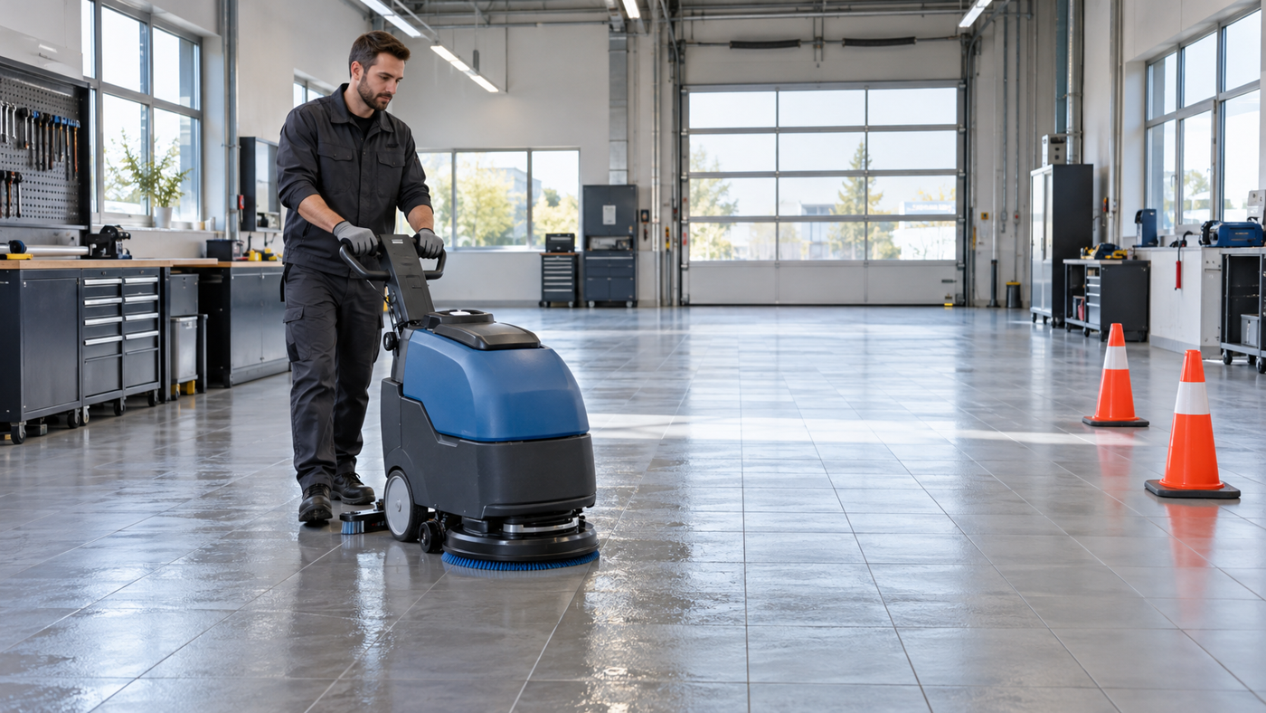 Agent de nettoyage professionnel à Saint-Jean-du-Pin : lavage du sol d’un atelier de services