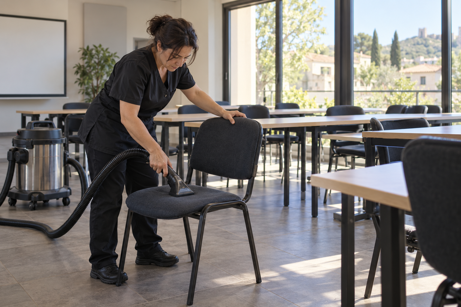 Agent de nettoyage professionnel à Saint-Paulet-de-Caisson : aspiration de chaises de formation