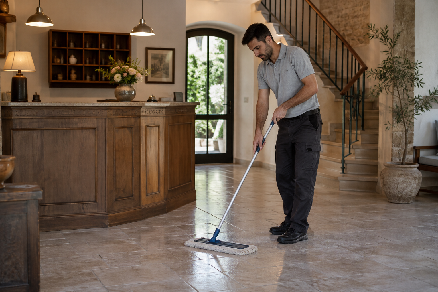Agent de nettoyage professionnel à Saint-Siffret : lavage du sol d’un hall d’accueil