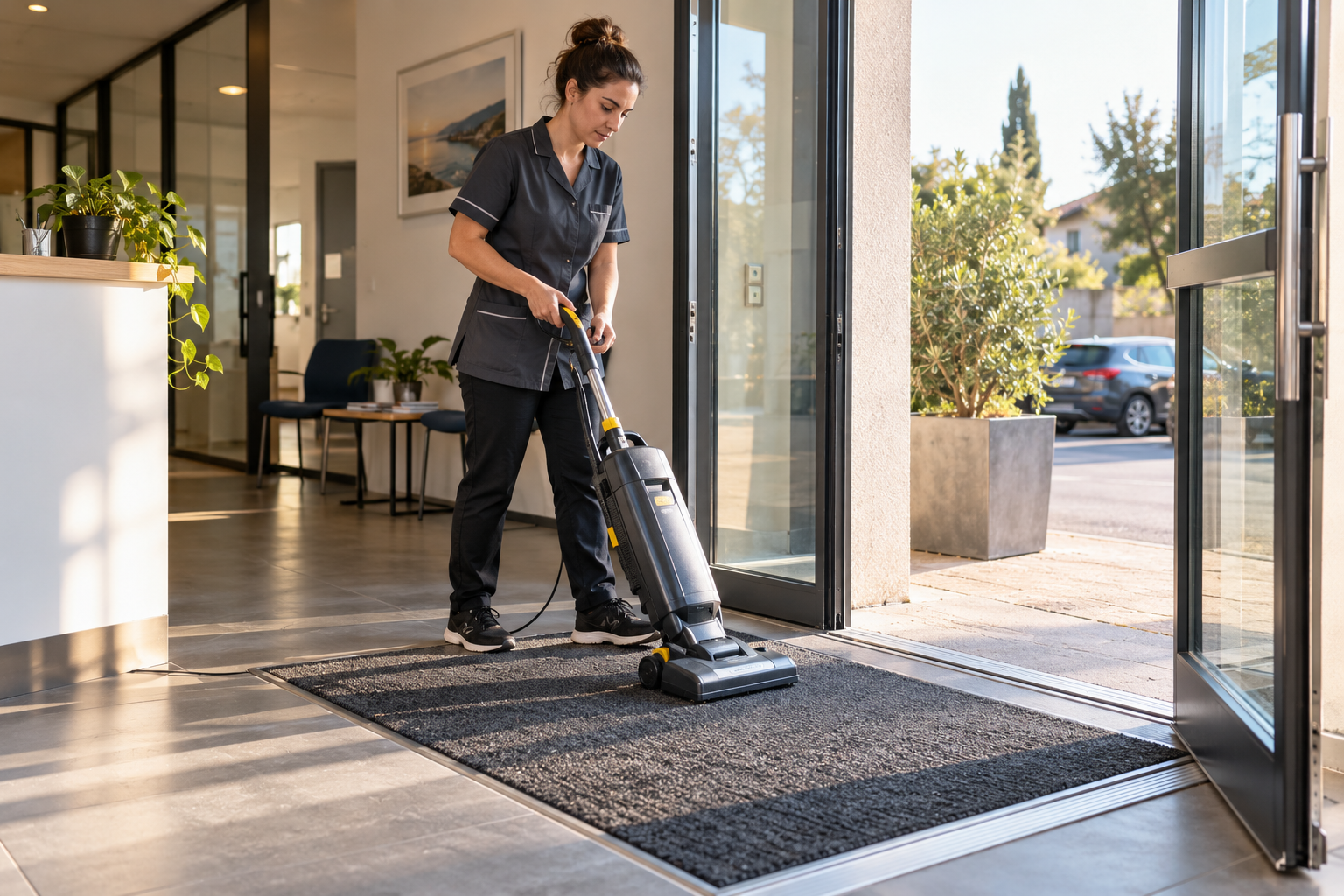 Agent de nettoyage professionnel à Saint-Victor-de-Malcap : aspiration d’un tapis d’entrée