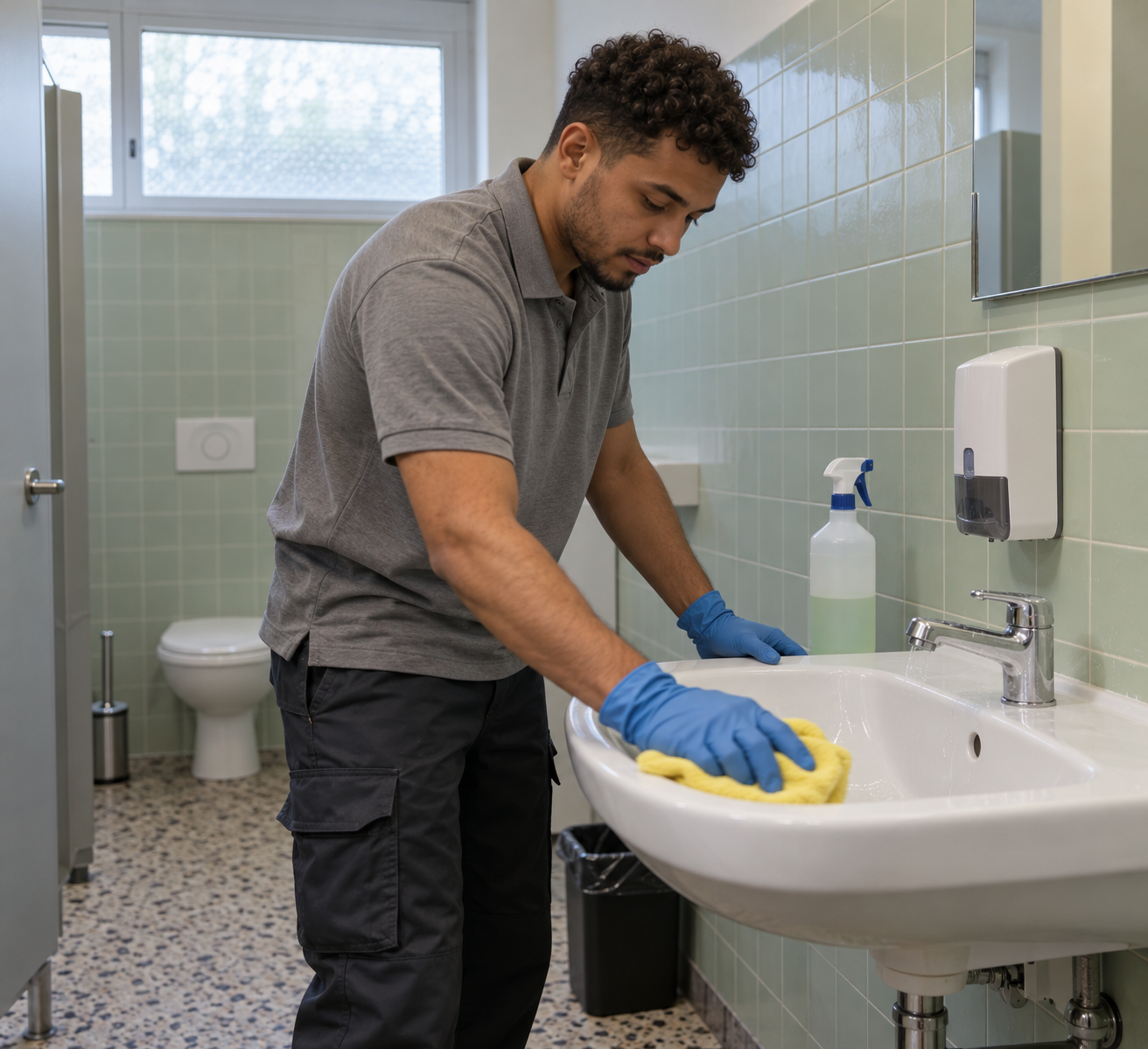 Agent de nettoyage professionnel à Sainte-Anastasie : nettoyage des sanitaires d’un bâtiment de bureaux