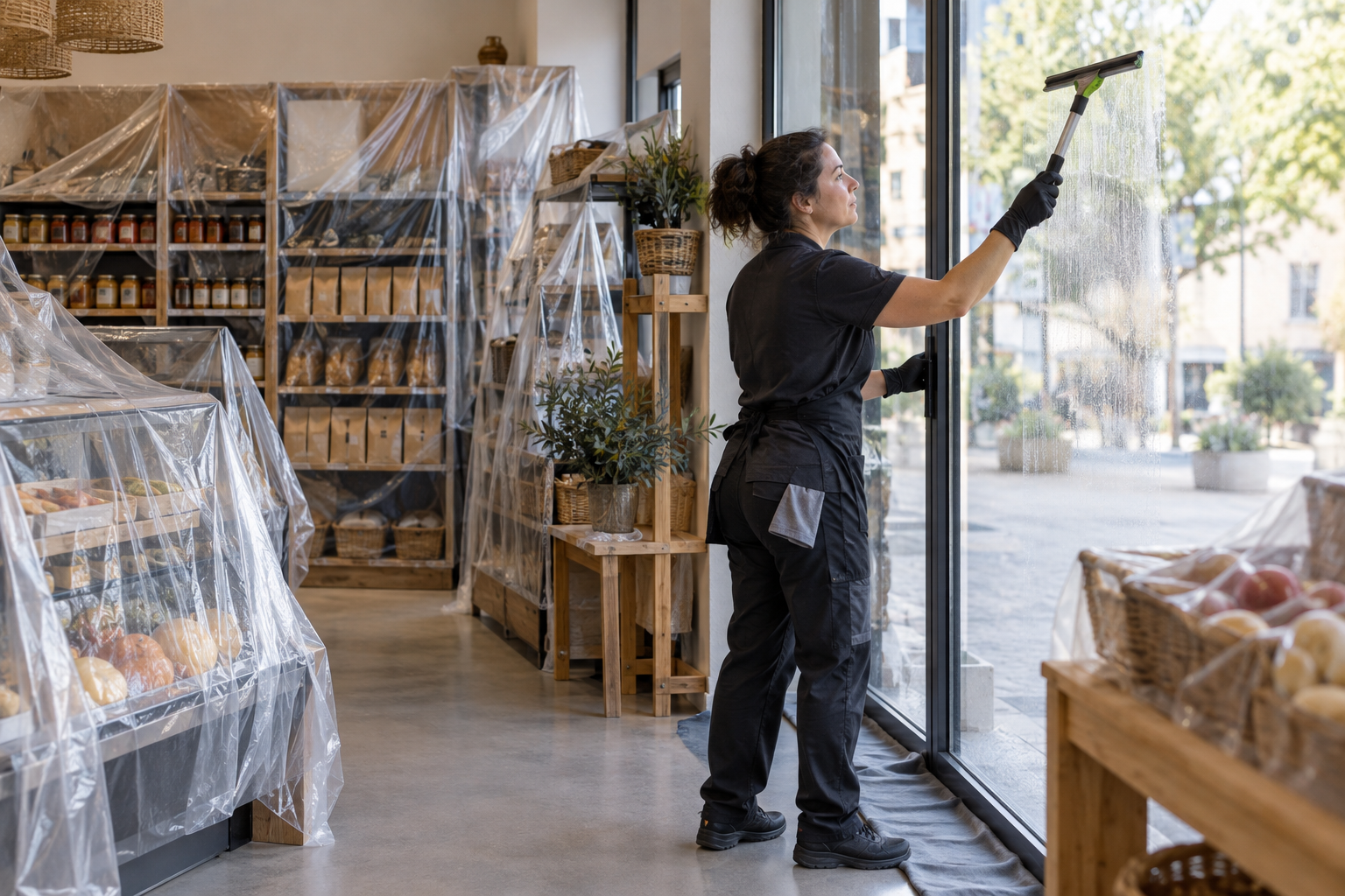 Agent de nettoyage professionnel à Salinelles : lavage d’une vitrine de commerce alimentaire fermé
