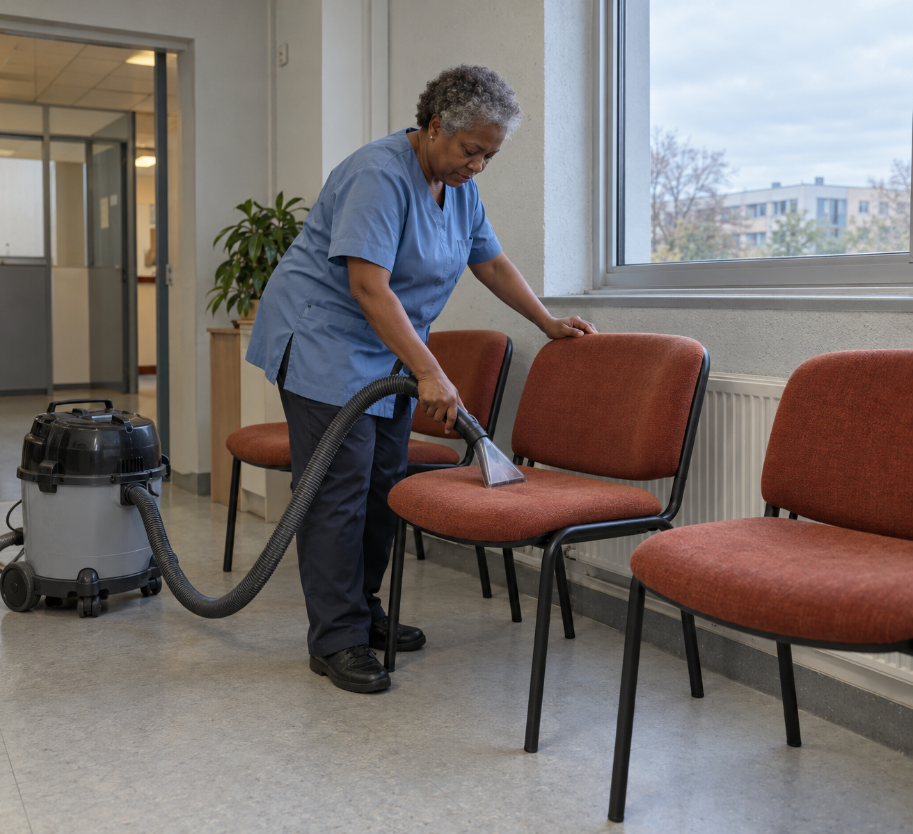Agent de nettoyage professionnel à Sauzet : aspiration de fauteuils dans un espace d’attente