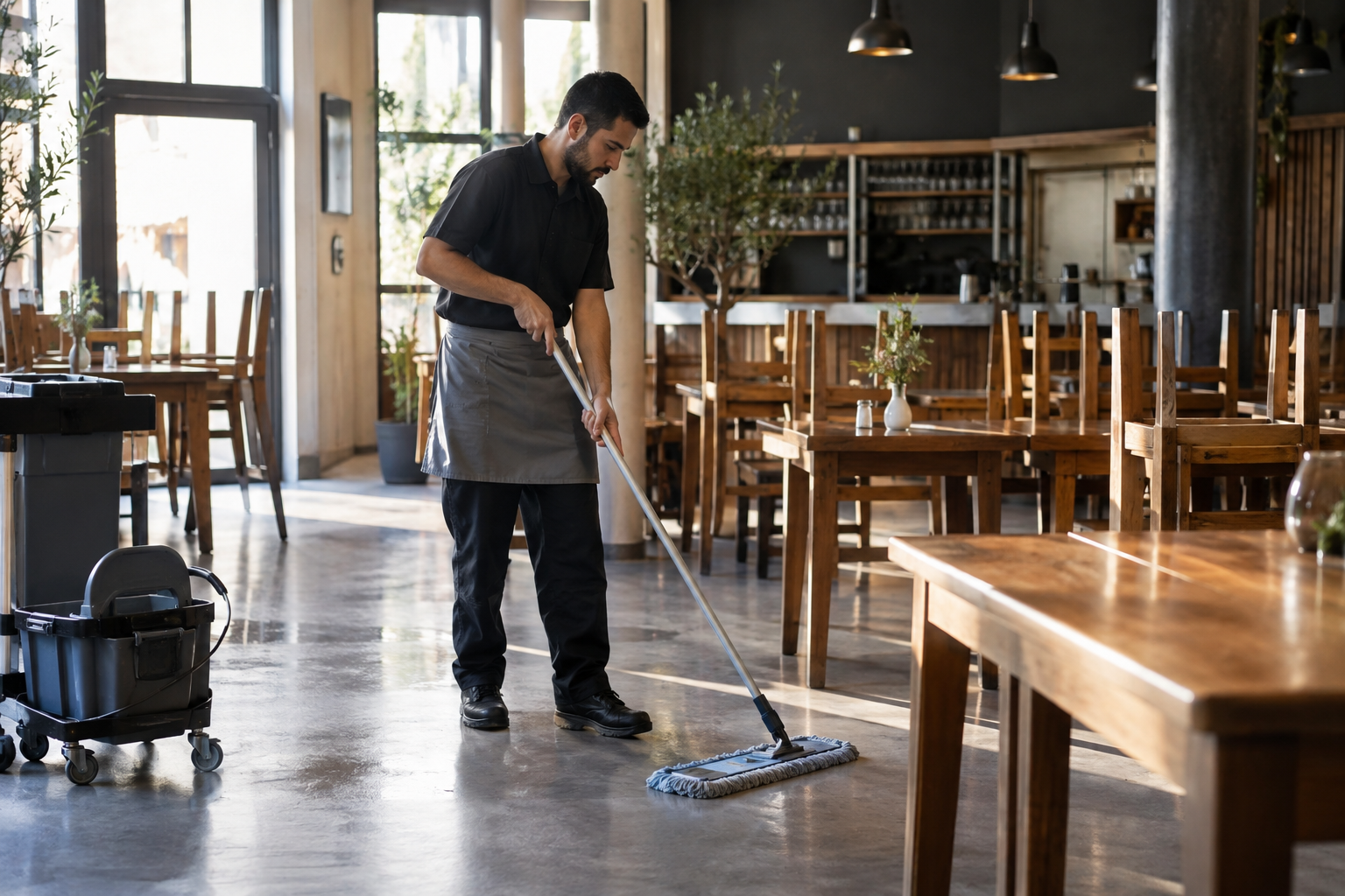 Agent de nettoyage professionnel à Vers-Pont-du-Gard : lavage du sol d’une salle de restaurant