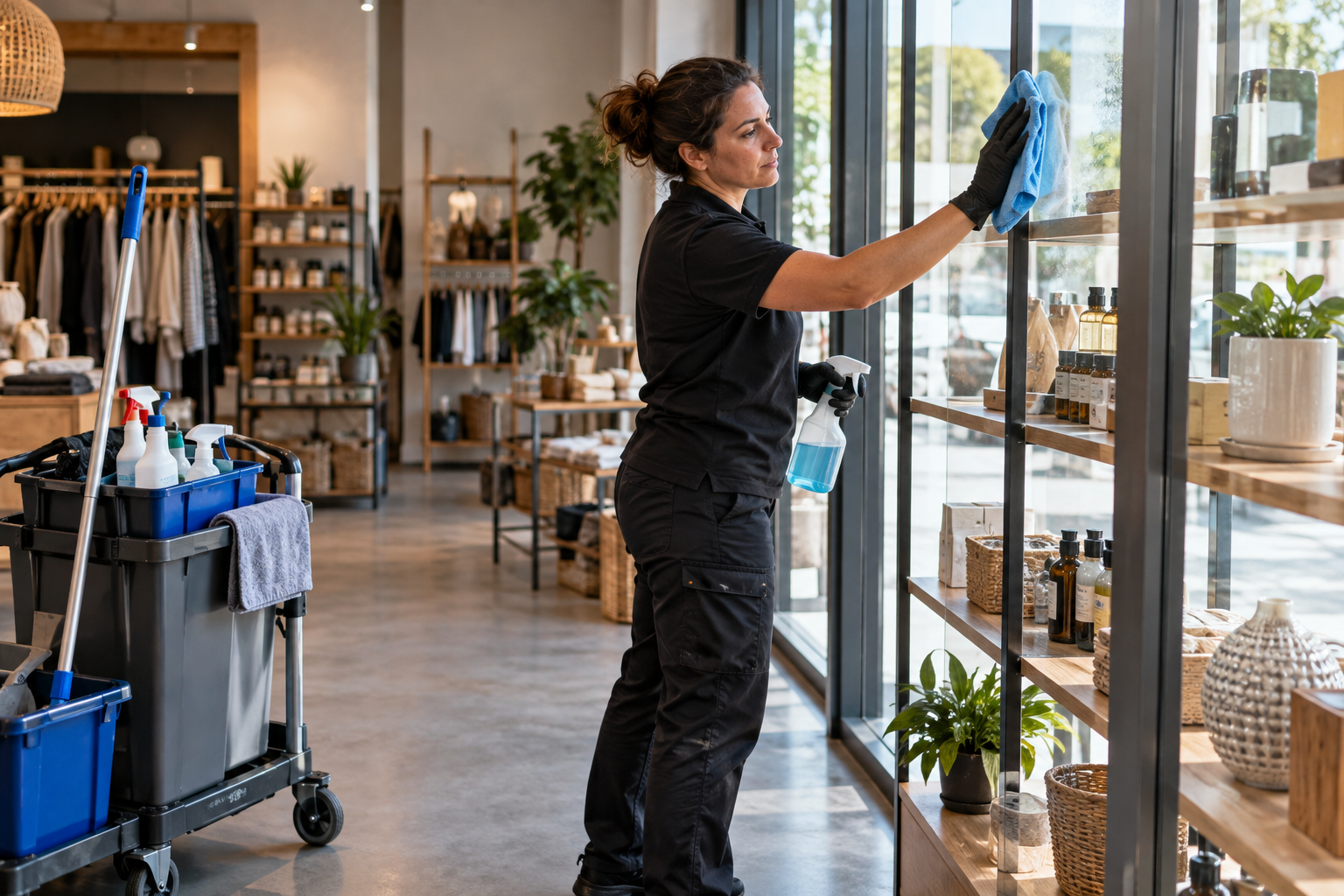 Agent de nettoyage professionnel à Villevieille : nettoyage d’une vitrine et des surfaces d’un commerce