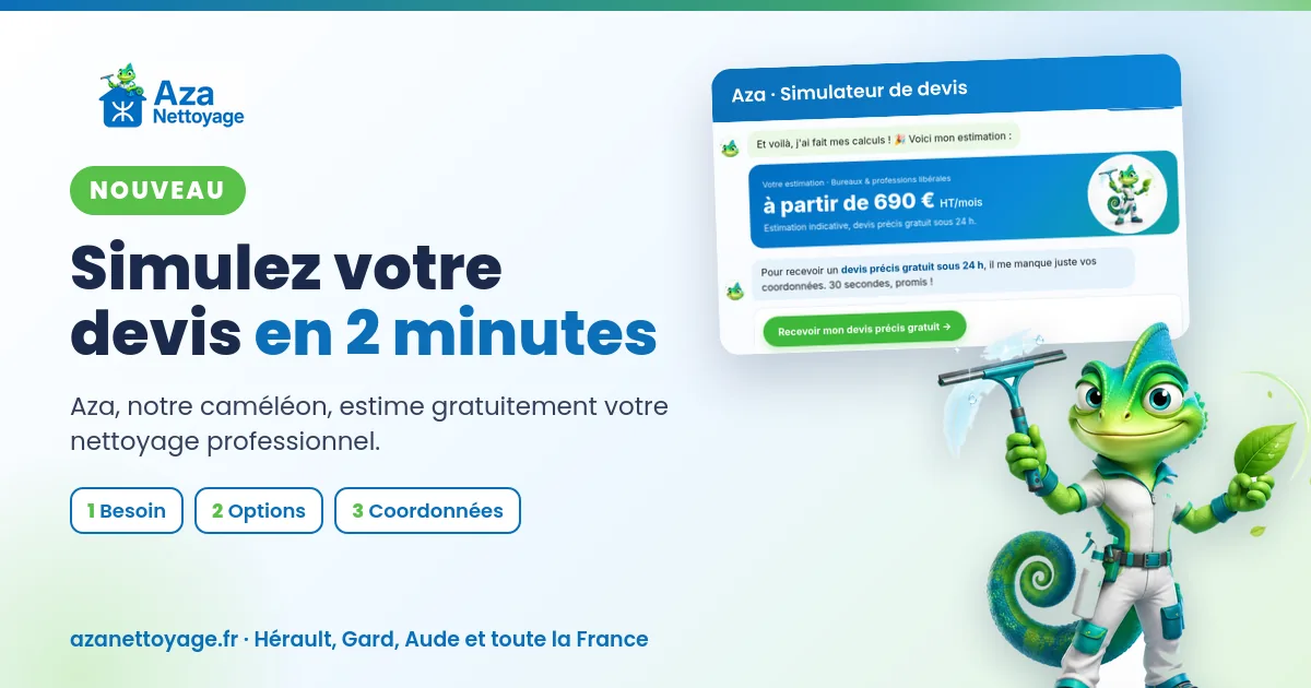 Simulateur devis nettoyage d'Aza Nettoyage : Aza le caméléon présente l'estimation en 2 minutes