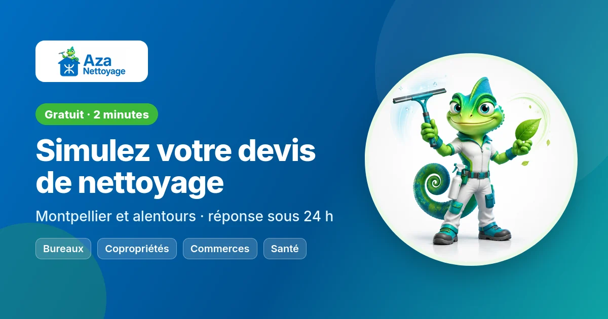 Devis nettoyage Montpellier : simulateur gratuit avec Aza, la mascotte caméléon d'Aza Nettoyage